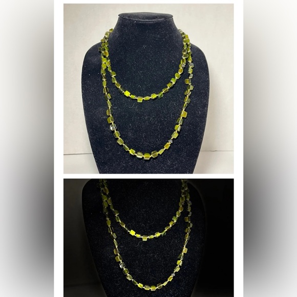 Double strand necklace using triangular green stones and golden spacers. 24” - Picture 2 of 2
